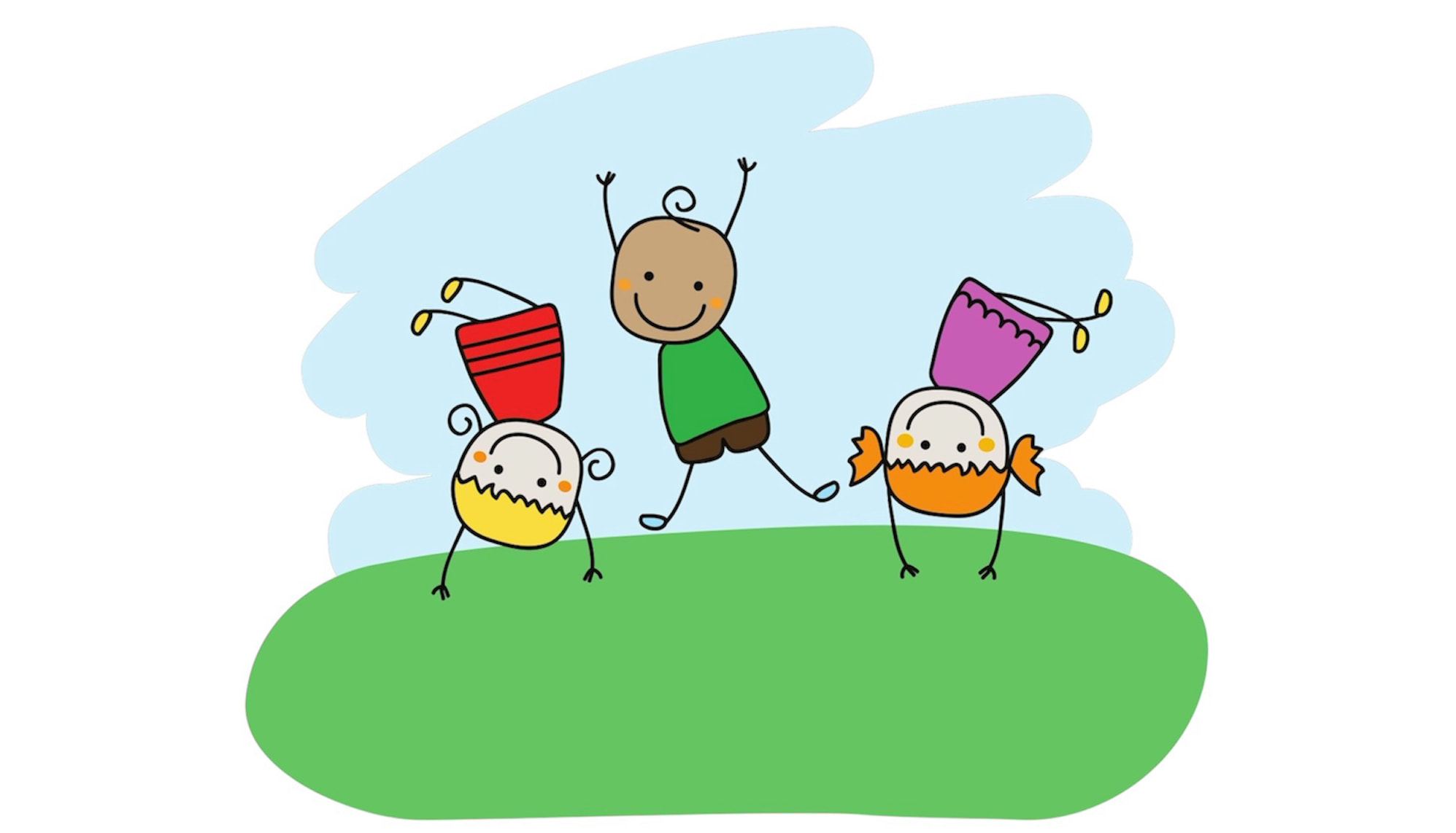 A cheerful drawing of three children playing outside